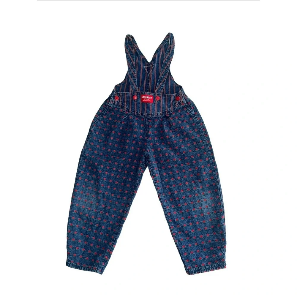 OshKosh B'Gosh Girls 18M Blue Red Vintage Floral‎ Denim Overalls Retro Casual